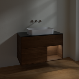 Тумба под раковину Villeroy & Boch Finion 100х50,1 см с подсветкой МДФ шпон грецкого ореха/стекло черное матовое F662GNGN