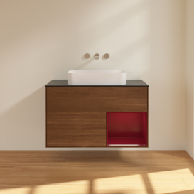 Тумба під раковину Villeroy & Boch Finion 100х50,1 см із підсвічуванням МДФ шпон волоського горіха/скло чорне матове F662HBGN