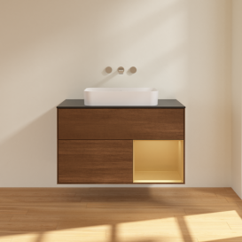 Тумба под раковину Villeroy & Boch Finion 100х50,1 см с подсветкой МДФ шпон грецкого ореха/стекло черное матовое F662HFGN