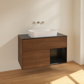 Тумба под раковину Villeroy & Boch Finion 100х50,1 см с подсветкой МДФ шпон грецкого ореха/стекло черное матовое F662PDGN