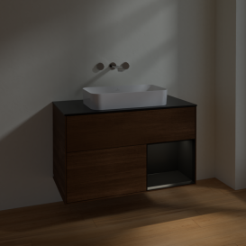 Тумба под раковину Villeroy & Boch Finion 100х50,1 см с подсветкой МДФ шпон грецкого ореха/стекло черное матовое F662PDGN