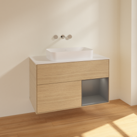 Тумба под раковину Villeroy & Boch Finion 100х50,1 см с подсветкой МДФ шпон дуба/стекло белое матовое F661GKPC