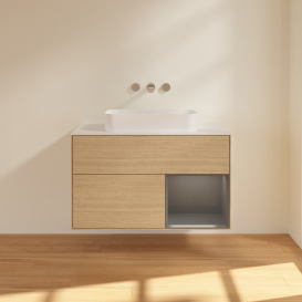 Тумба под раковину Villeroy & Boch Finion 100х50,1 см с подсветкой МДФ шпон дуба/стекло белое матовое F661GKPC