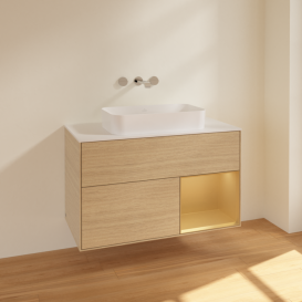 Тумба под раковину Villeroy & Boch Finion 100х50,1 см с подсветкой МДФ шпон дуба/стекло белое матовое F661HFPC