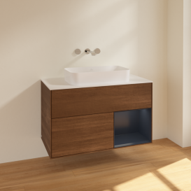 Тумба под раковину Villeroy & Boch Finion 100х50,1 см с подсветкой МДФ шпон грецкого ореха/стекло белое матовое F661HGGN