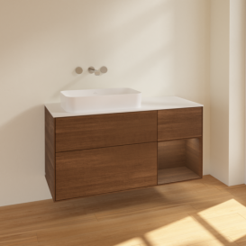 Тумба под раковину Villeroy & Boch Finion 120х50,1 см с подсветкой МДФ шпон грецкого ореха/стекло белое матовое F691GNGN