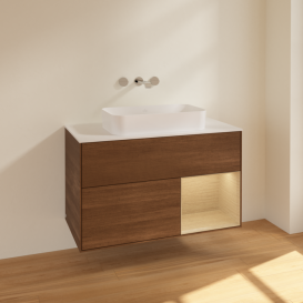 Тумба под раковину Villeroy & Boch Finion 100х50,1 см с подсветкой МДФ шпон грецкого ореха/стекло белое матовое F661PCGN