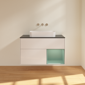 Тумба под раковину Villeroy & Boch Finion 100х50,1 см с подсветкой МДФ глянцевый белый лак/стекло черное матовое F662GMGF