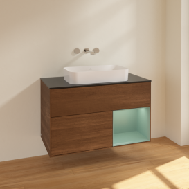 Тумба под раковину Villeroy & Boch Finion 100х50,1 см с подсветкой МДФ шпон грецкого ореха/стекло черное матовое F662GMGN