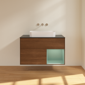 Тумба под раковину Villeroy & Boch Finion 100х50,1 см с подсветкой МДФ шпон грецкого ореха/стекло черное матовое F662GMGN