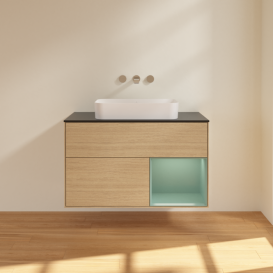 Тумба под раковину Villeroy & Boch Finion 100х50,1 см с подсветкой МДФ шпон дуба/стекло черное матовое F662GMPC