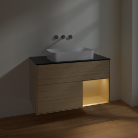 Тумба под раковину Villeroy & Boch Finion 100х50,1 см с подсветкой МДФ шпон дуба/стекло черное матовое F662HFPC