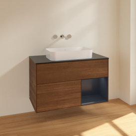 Тумба під раковину Villeroy & Boch Finion 100х50,1 см із підсвічуванням МДФ шпон волоського горіха/скло чорне матове F662HGGN