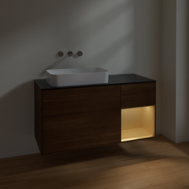 Тумба под раковину Villeroy & Boch Finion 120х50,1 см с подсветкой МДФ шпон грецкого ореха/стекло черное матовое F692HFGN