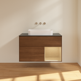 Тумба под раковину Villeroy & Boch Finion 100х50,1 см с подсветкой МДФ шпон грецкого ореха/стекло черное матовое F662PCGN