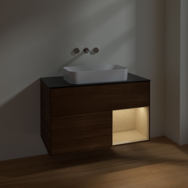 Тумба под раковину Villeroy & Boch Finion 100х50,1 см с подсветкой МДФ шпон грецкого ореха/стекло черное матовое F662PCGN