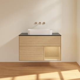 Тумба под раковину Villeroy & Boch Finion 100х50,1 см с подсветкой МДФ шпон дуба/стекло черное матовое F662PCPC