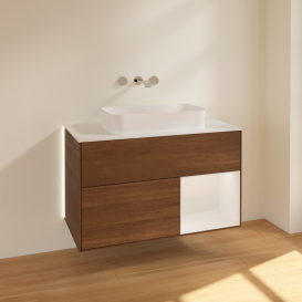 Тумба под раковину Villeroy & Boch Finion 100х50,1 см с подсветкой МДФ шпон грецкого ореха/стекло белое матовое G661GFGN