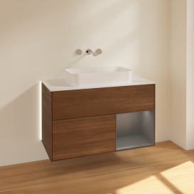 Тумба под раковину Villeroy & Boch Finion 100х50,1 см с подсветкой МДФ шпон грецкого ореха/стекло белое матовое G661GKGN