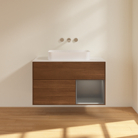 Тумба под раковину Villeroy & Boch Finion 100х50,1 см с подсветкой МДФ шпон грецкого ореха/стекло белое матовое G661GKGN