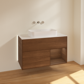 Тумба под раковину Villeroy & Boch Finion 100х50,1 см с подсветкой МДФ шпон грецкого ореха/стекло белое матовое G661GNGN