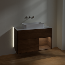 Тумба под раковину Villeroy & Boch Finion 100х50,1 см с подсветкой МДФ шпон грецкого ореха/стекло белое матовое G661GNGN