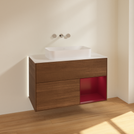 Тумба под раковину Villeroy & Boch Finion 100х50,1 см с подсветкой МДФ шпон грецкого ореха/стекло белое матовое G661HBGN