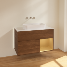 Тумба под раковину Villeroy & Boch Finion 100х50,1 см с подсветкой МДФ шпон грецкого ореха/стекло белое матовое G661HFGN