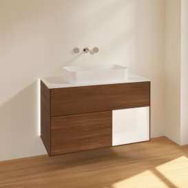 Тумба под раковину Villeroy & Boch Finion 100х50,1 см с подсветкой МДФ шпон грецкого ореха/стекло белое матовое G661MTGN