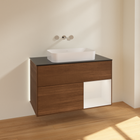 Тумба под раковину Villeroy & Boch Finion 100х50,1 см с подсветкой МДФ шпон грецкого ореха/стекло черное матовое G662GFGN