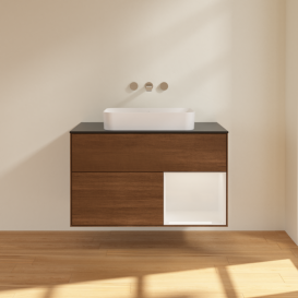 Тумба под раковину Villeroy & Boch Finion 100х50,1 см с подсветкой МДФ шпон грецкого ореха/стекло черное матовое G662GFGN