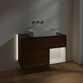 Тумба под раковину Villeroy & Boch Finion 100х50,1 см с подсветкой МДФ шпон грецкого ореха/стекло черное матовое G662GFGN