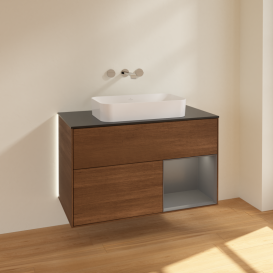 Тумба под раковину Villeroy & Boch Finion 100х50,1 см с подсветкой МДФ шпон грецкого ореха/стекло черное матовое G662GKGN