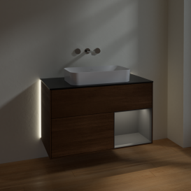 Тумба под раковину Villeroy & Boch Finion 100х50,1 см с подсветкой МДФ шпон грецкого ореха/стекло черное матовое G662GKGN