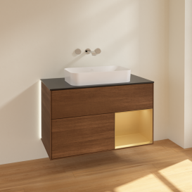 Тумба под раковину Villeroy & Boch Finion 100х50,1 см с подсветкой МДФ шпон грецкого ореха/стекло черное матовое G662HFGN