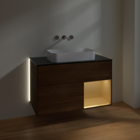 Тумба под раковину Villeroy & Boch Finion 100х50,1 см с подсветкой МДФ шпон грецкого ореха/стекло черное матовое G662HFGN