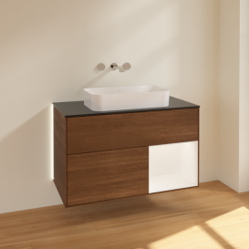 Тумба под раковину Villeroy & Boch Finion 100х50,1 см с подсветкой МДФ шпон грецкого ореха/стекло черное матовое G662MTGN