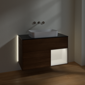 Тумба под раковину Villeroy & Boch Finion 100х50,1 см с подсветкой МДФ шпон грецкого ореха/стекло черное матовое G662MTGN