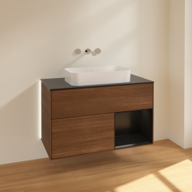 Тумба под раковину Villeroy & Boch Finion 100х50,1 см с подсветкой МДФ шпон грецкого ореха/стекло черное матовое G662PDGN