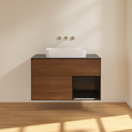 Тумба под раковину Villeroy & Boch Finion 100х50,1 см с подсветкой МДФ шпон грецкого ореха/стекло черное матовое G662PDGN