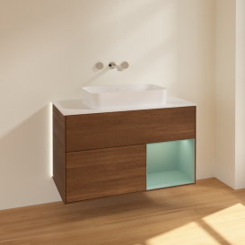 Тумба под раковину Villeroy & Boch Finion 100х50,1 см с подсветкой МДФ шпон грецкого ореха/стекло белое матовое G661GMGN