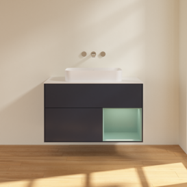 Тумба под раковину Villeroy & Boch Finion 100х50,1 см с подсветкой МДФ темно-синий матовый лак/стекло белое матовое G661GMHG