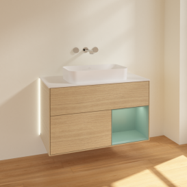 Тумба под раковину Villeroy & Boch Finion 100х50,1 см с подсветкой МДФ шпон дуба/стекло белое матовое G661GMPC