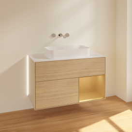 Тумба під раковину Villeroy & Boch Finion 100х50,1 см із підсвічуванням МДФ шпон дуба/скло біле матове G661HFPC