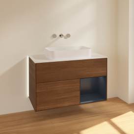 Тумба под раковину Villeroy & Boch Finion 100х50,1 см с подсветкой МДФ шпон грецкого ореха/стекло белое матовое G661HGGN