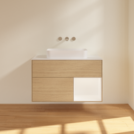 Тумба под раковину Villeroy & Boch Finion 100х50,1 см с подсветкой МДФ шпон дуба/стекло белое матовое G661MTPC