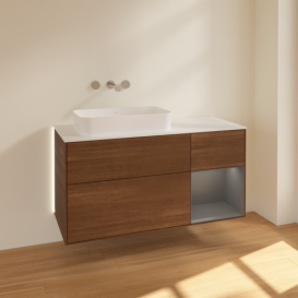 Тумба под раковину Villeroy & Boch Finion 120х50,1 см с подсветкой МДФ шпон грецкого ореха/стекло белое матовое G691GKGN