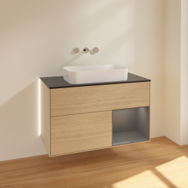 Тумба под раковину Villeroy & Boch Finion 100х50,1 см с подсветкой МДФ шпон дуба/стекло черное матовое G662GKPC