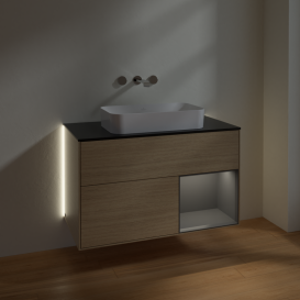 Тумба под раковину Villeroy & Boch Finion 100х50,1 см с подсветкой МДФ шпон дуба/стекло черное матовое G662GKPC