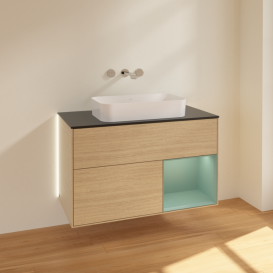 Тумба под раковину Villeroy & Boch Finion 100х50,1 см с подсветкой МДФ шпон дуба/стекло черное матовое G662GMPC